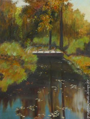 "Pont en automne", Pierre, huile sur toile.