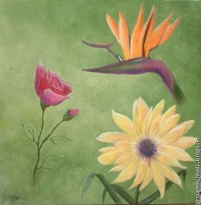 "les 3 fleurs", Stève, huile sur toile.