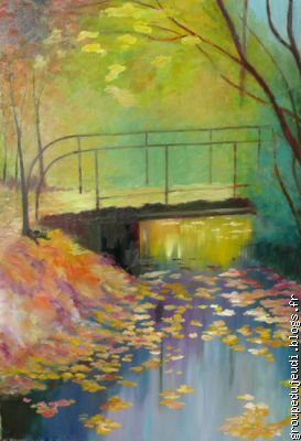 "Pont d'automne", Pierre, huile sur toile.