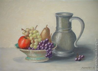 "pot, pommes et raisin" (55x38), Michel, huile sur toile.